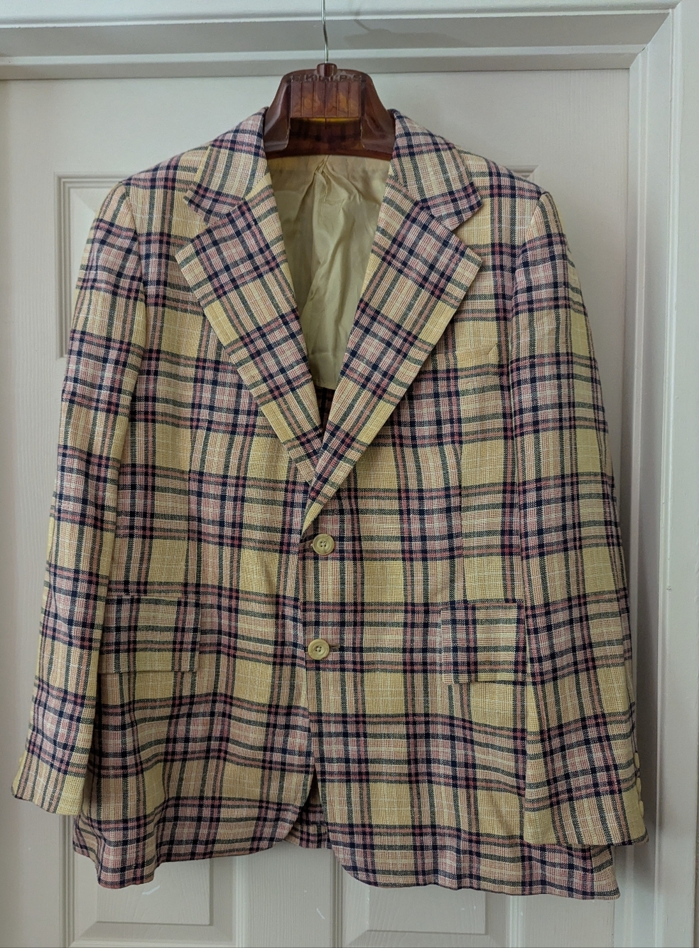 Vintage Men's Plaid Blazer Yellow Pink Charcoal Grey Casual Pockets All Original